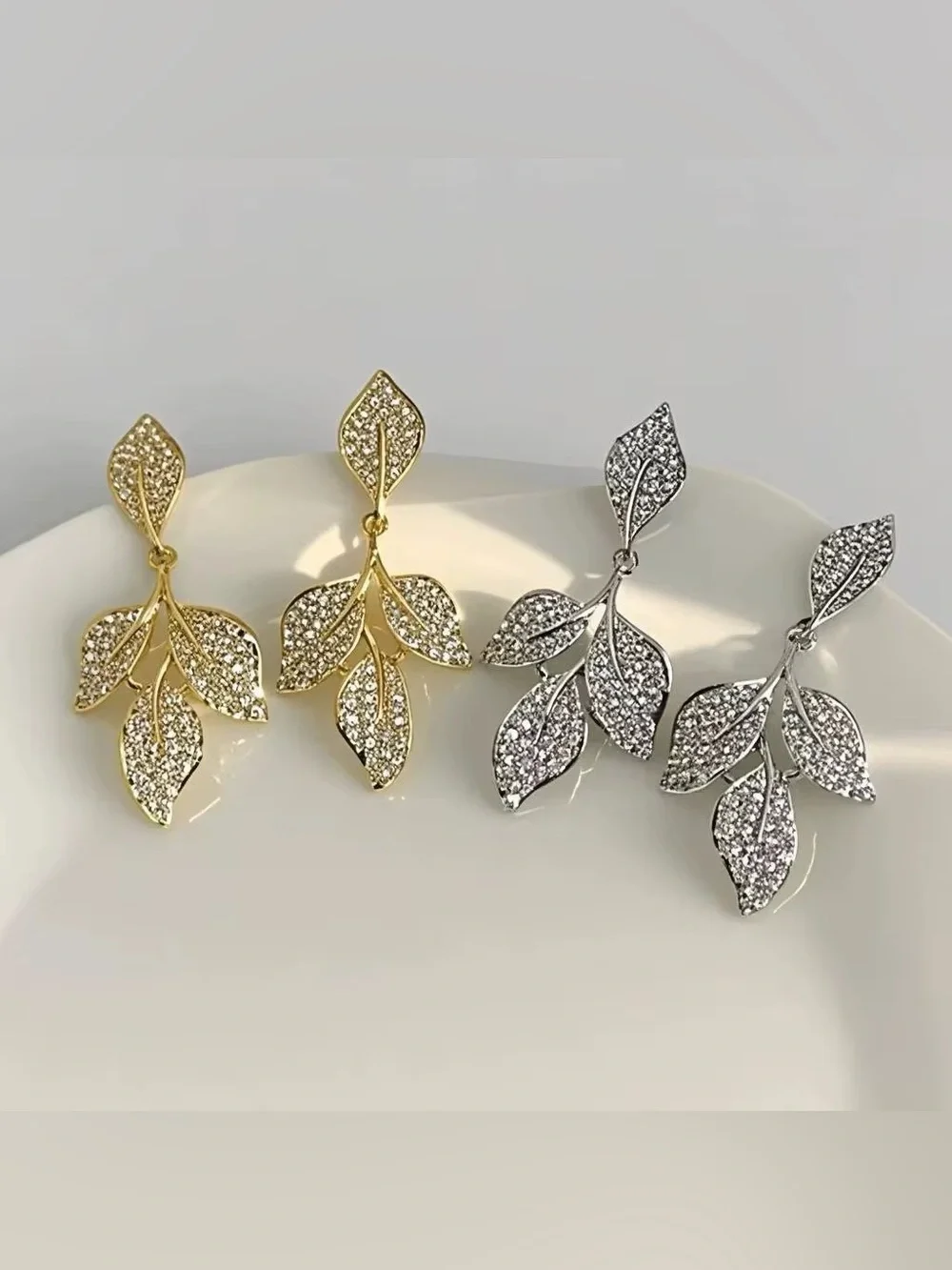 ***Dainty Gold Leaf Crystal Drop Earrings | Fashion Jewelry
